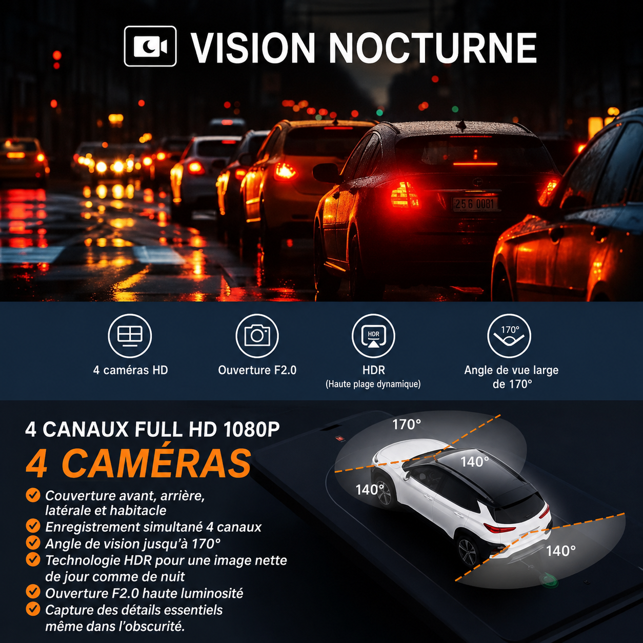 Dashcam Voiture 4 Caméras Full HD – Vision Nocturne Surveillance Parking 24h - Dashora