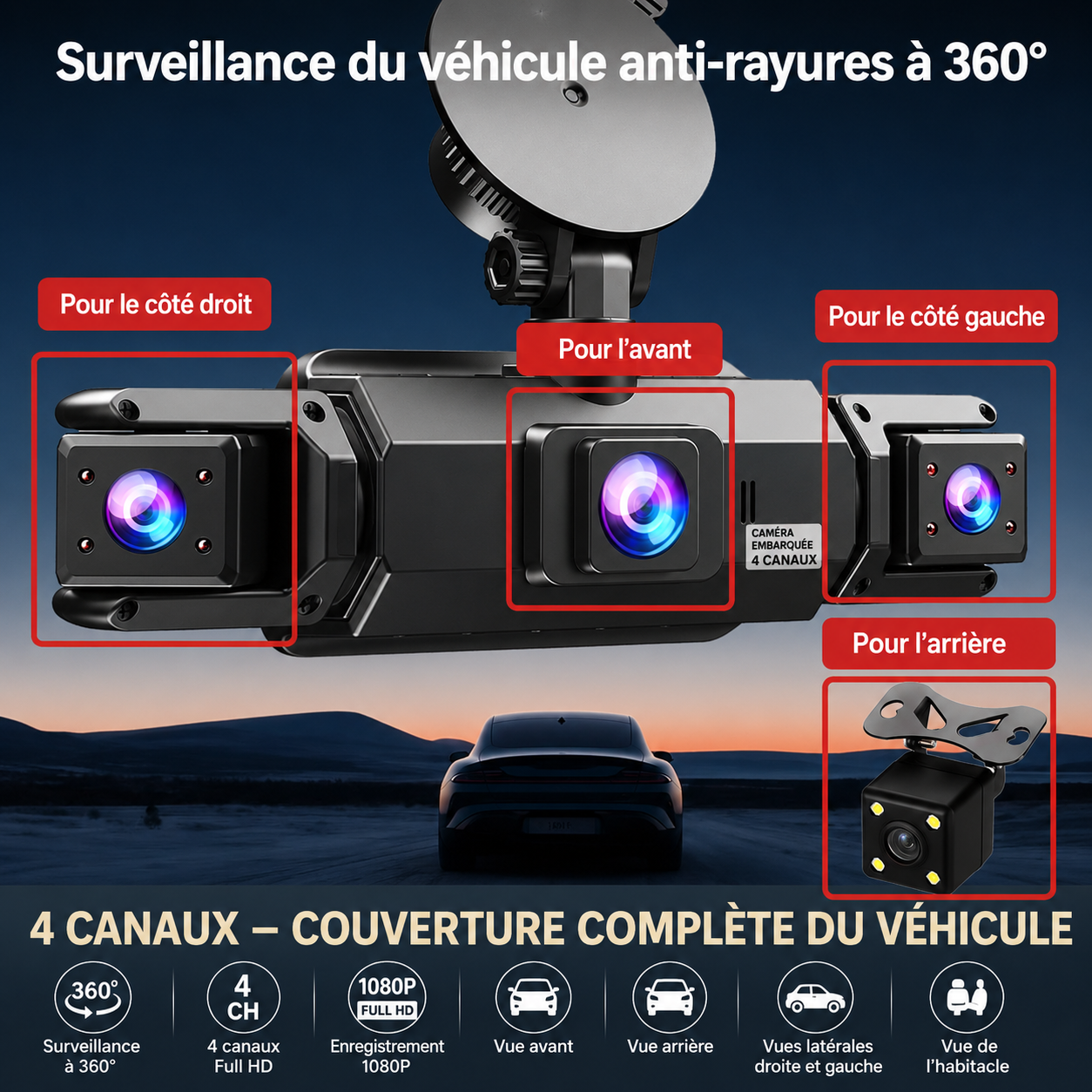 Dashcam Voiture 4 Caméras Full HD – Vision Nocturne Surveillance Parking 24h - Dashora